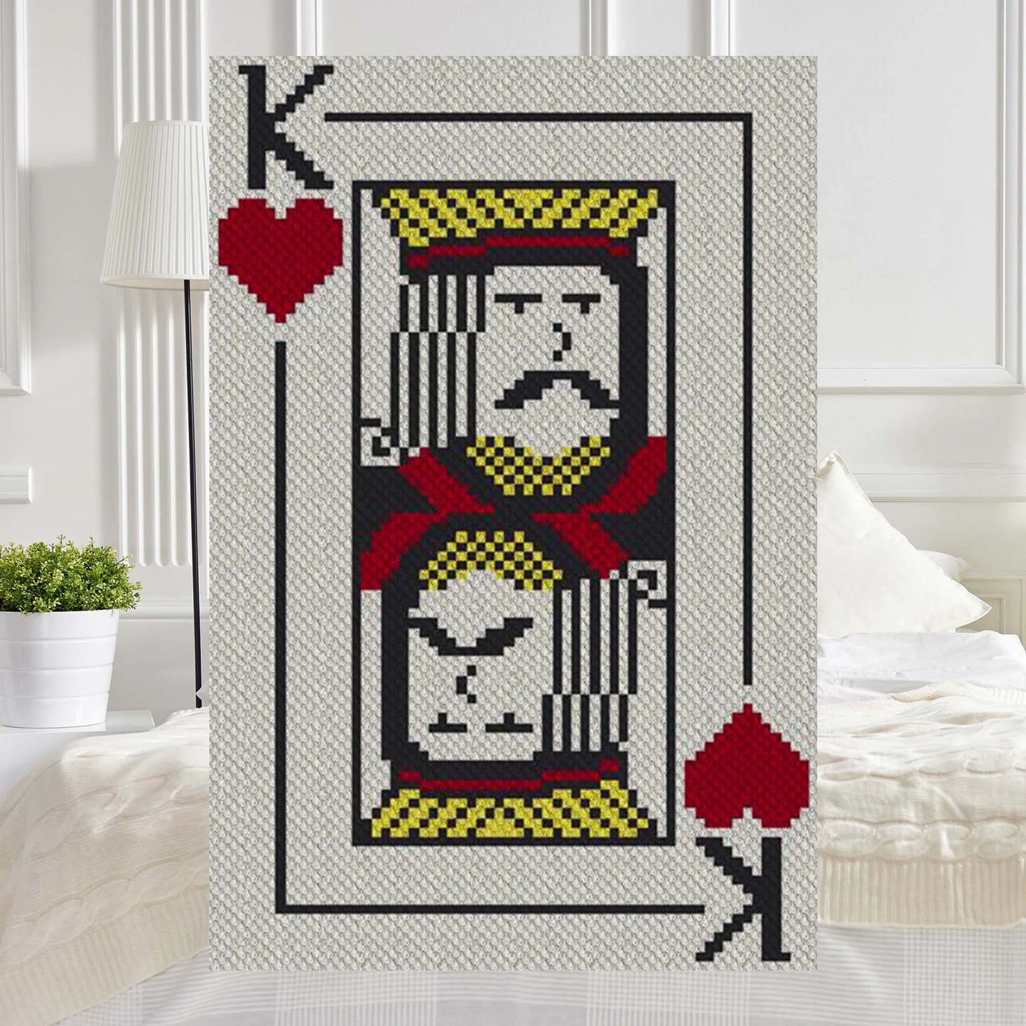 Pixel-art King of Hearts playing card design in red, gold, black, and white