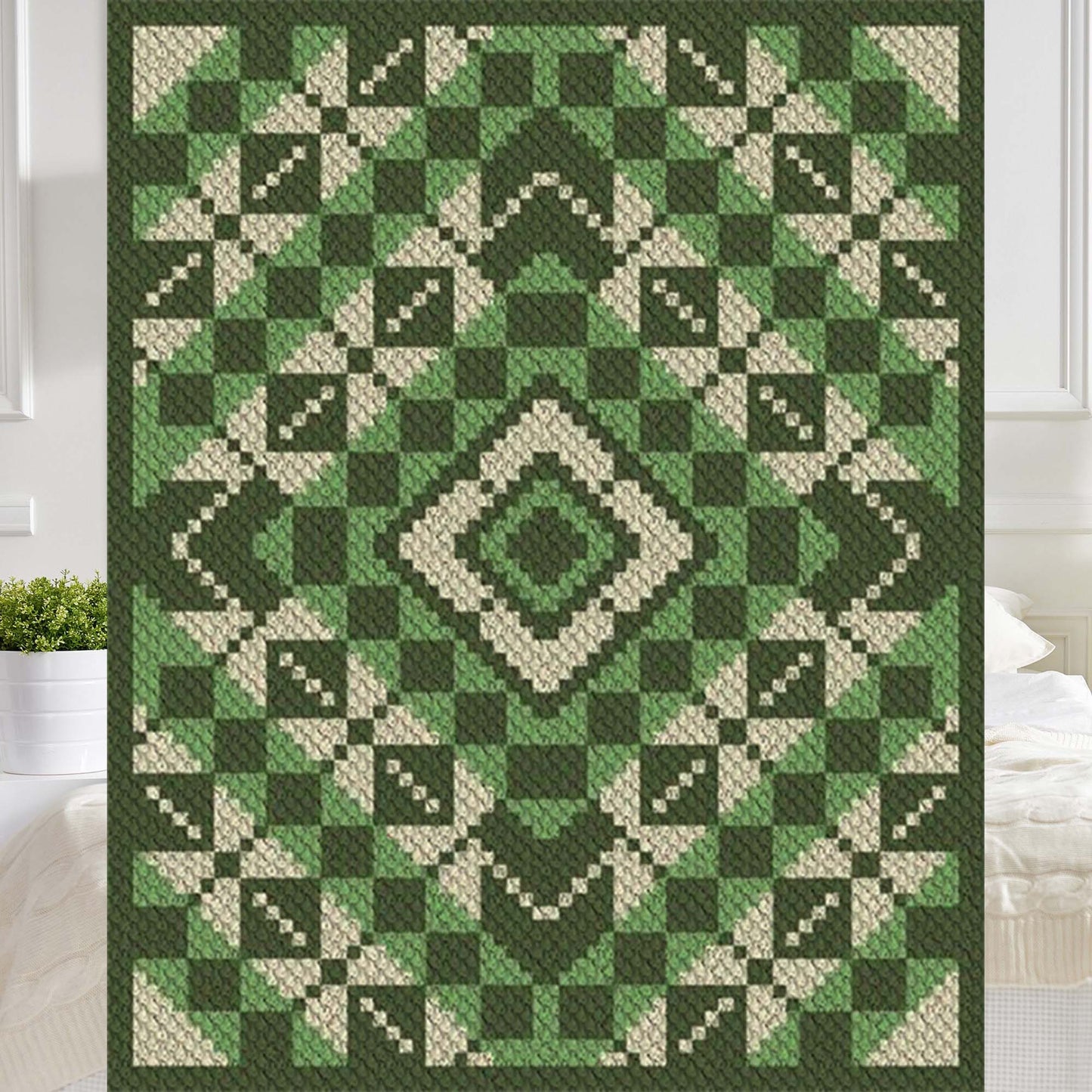 Traditional argyle diamond pattern in green and cream yarn blocks rendered corner-to-corner