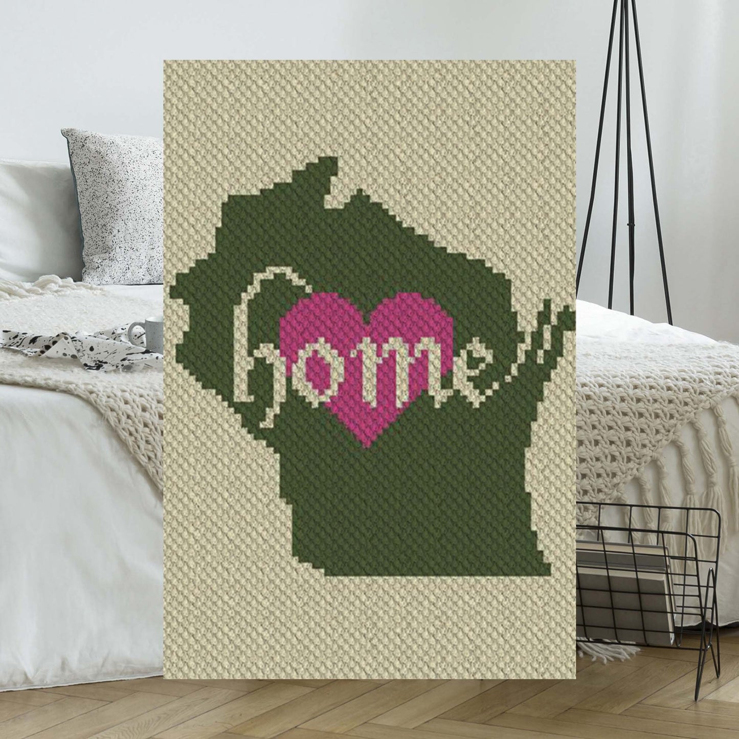 Pixel-art Wisconsin state outline in three coordinating yarn blocks