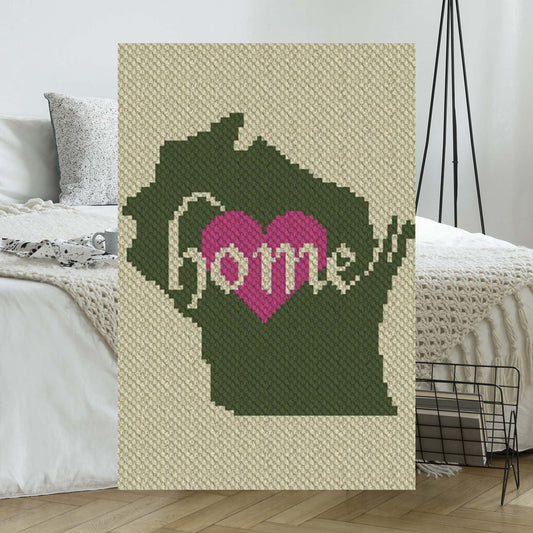 Pixel-art Wisconsin state outline in three coordinating yarn blocks