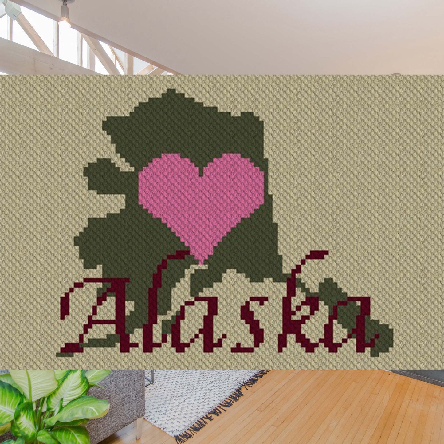 Pixel-art Alaska silhouette with a large heart in the center rendered in C2C blocks