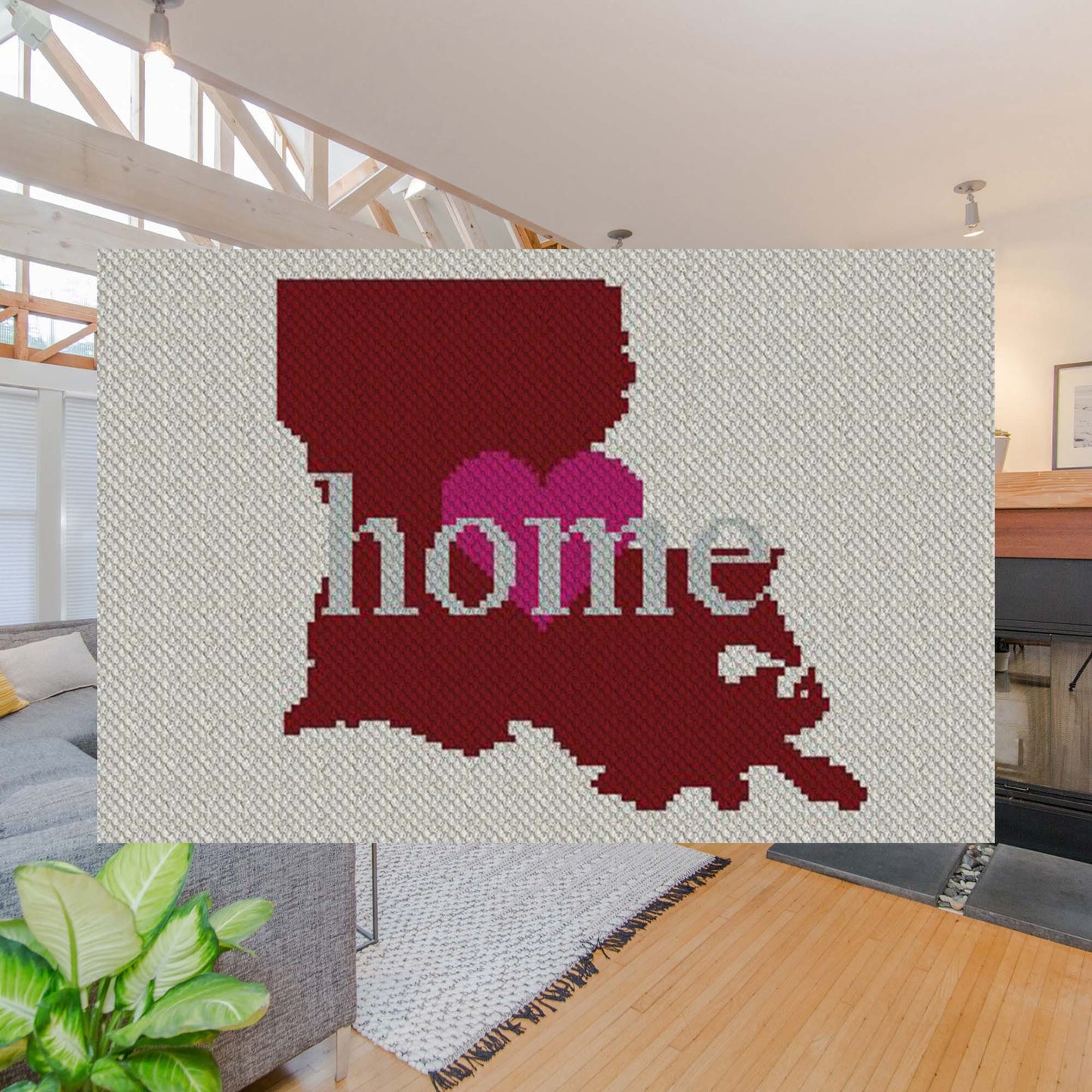 Pixel-art Louisiana silhouette in four vibrant yarn blocks