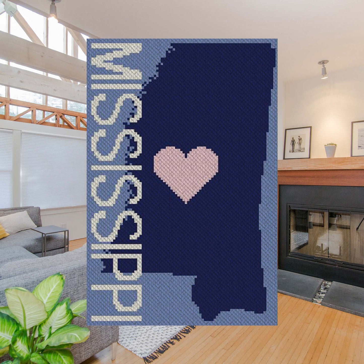 Pixel-art Mississippi shape with optional heart in contrasting yarn blocks