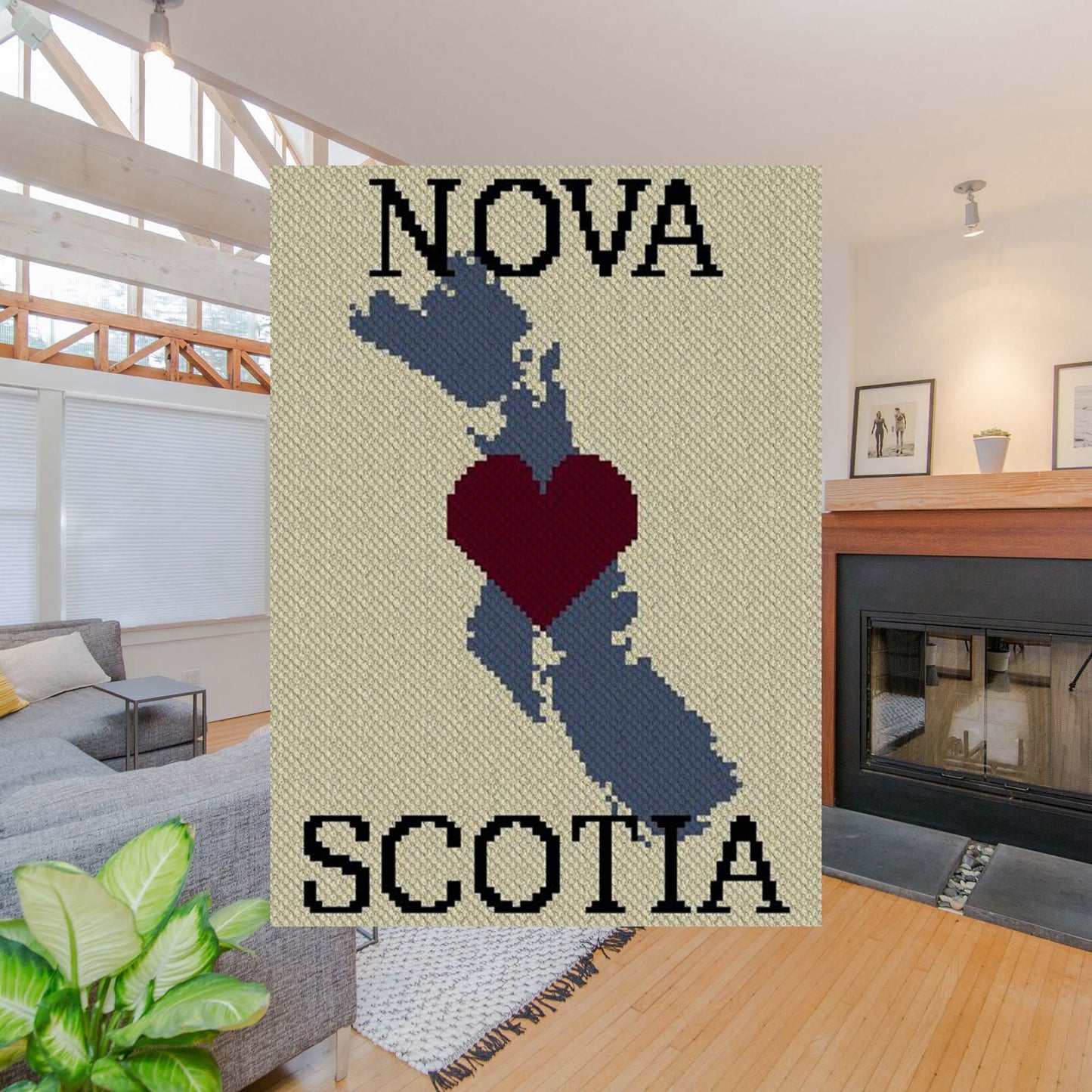Pixel-art Nova Scotia outline with solid heart motif in a twin-taller layout