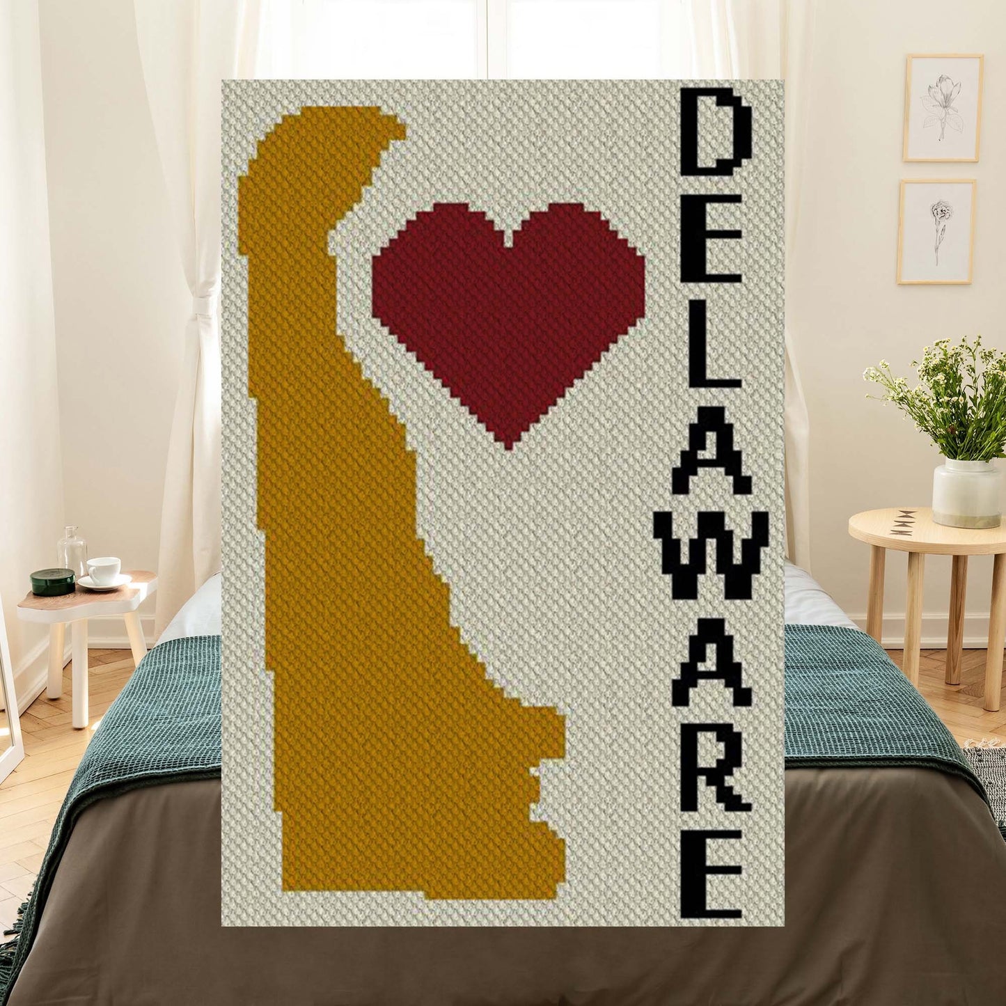 Pixel-art Delaware silhouette with a bold heart, plus optional graph for Graphghan