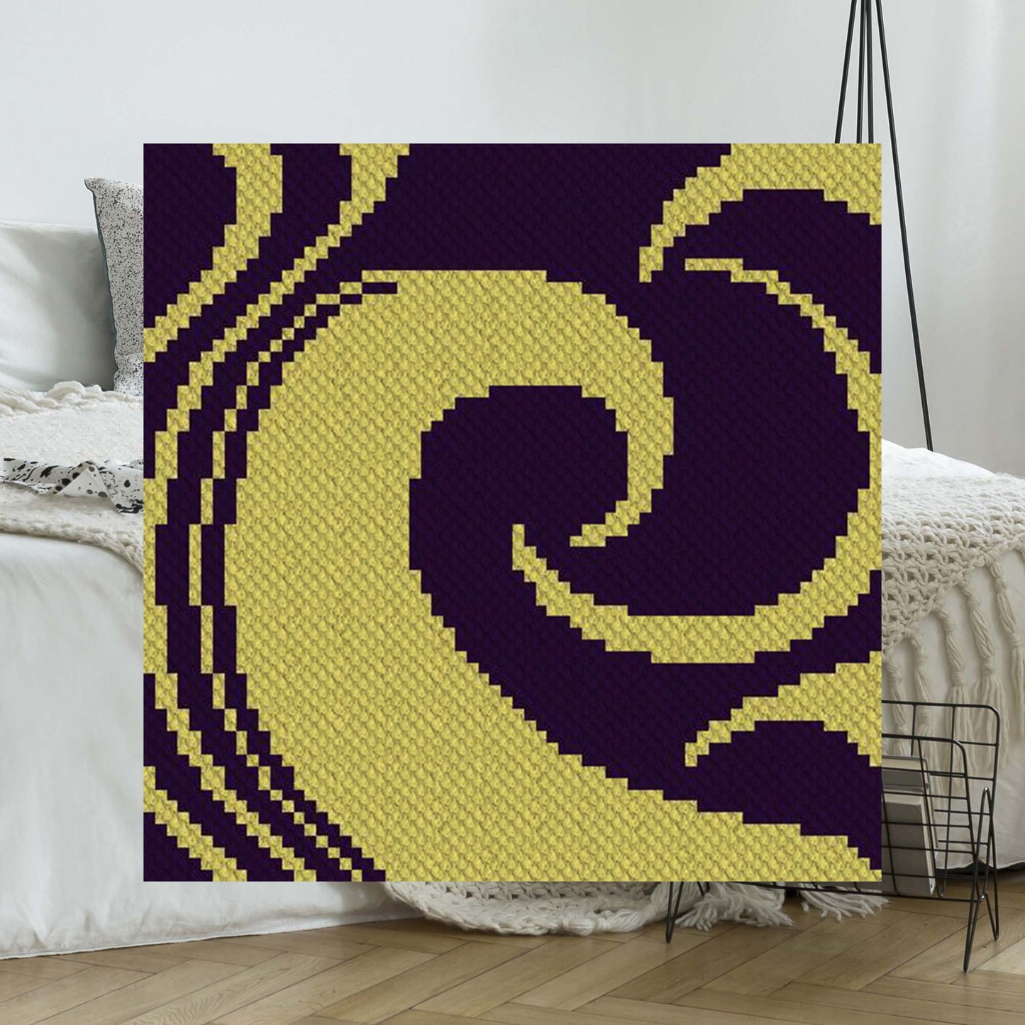 Stylized swirl pattern in dark purple and pale yellow rendered corner-to-corner