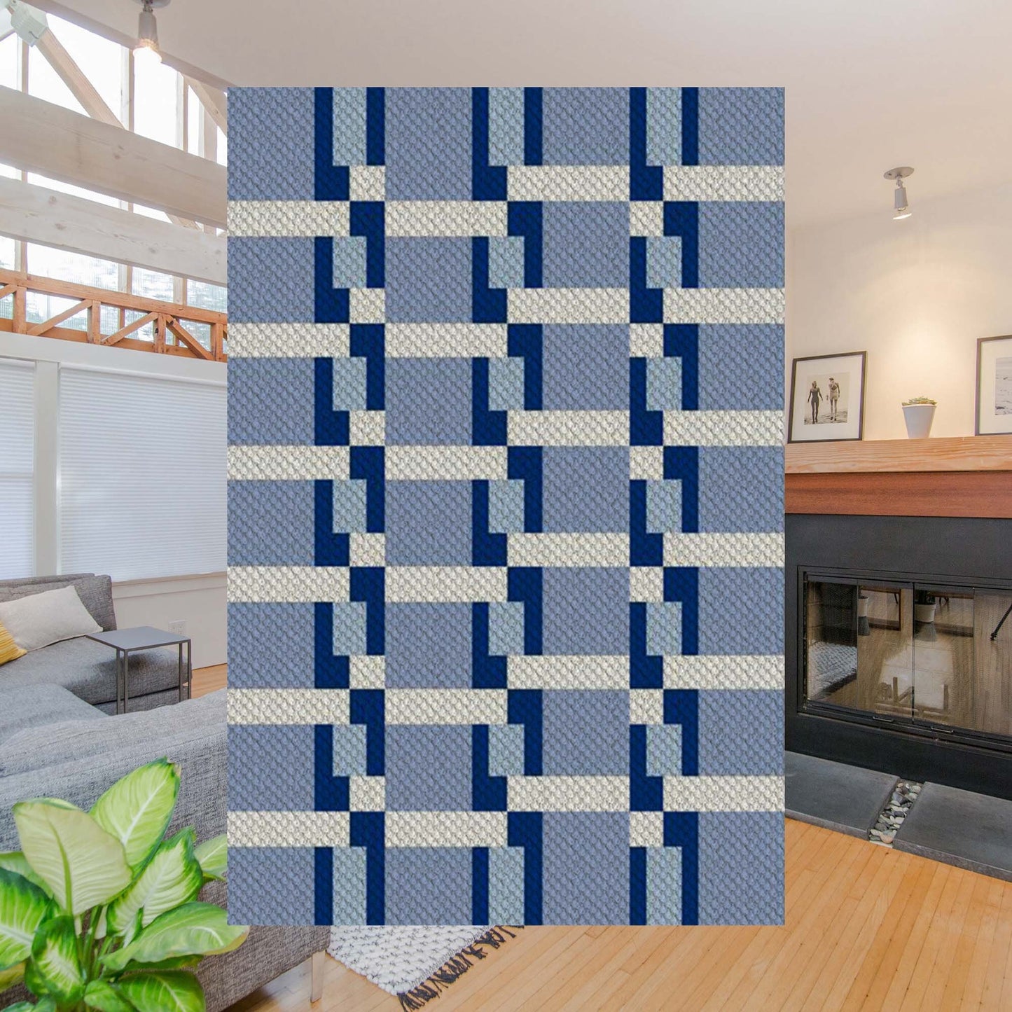 Stylized ladder grid in navy, sky blue, slate, and white yarn blocks