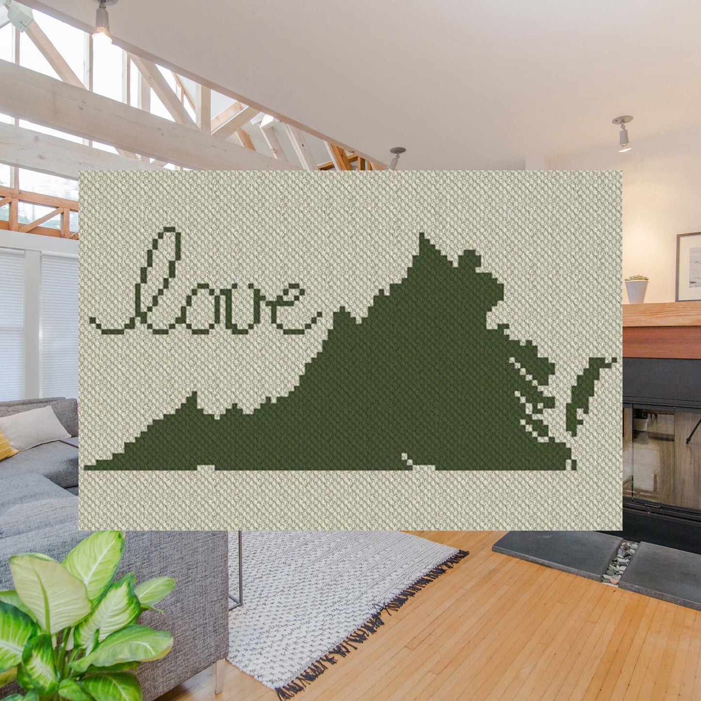 Pixel-art Virginia outline with heart motif in two contrasting yarn blocks