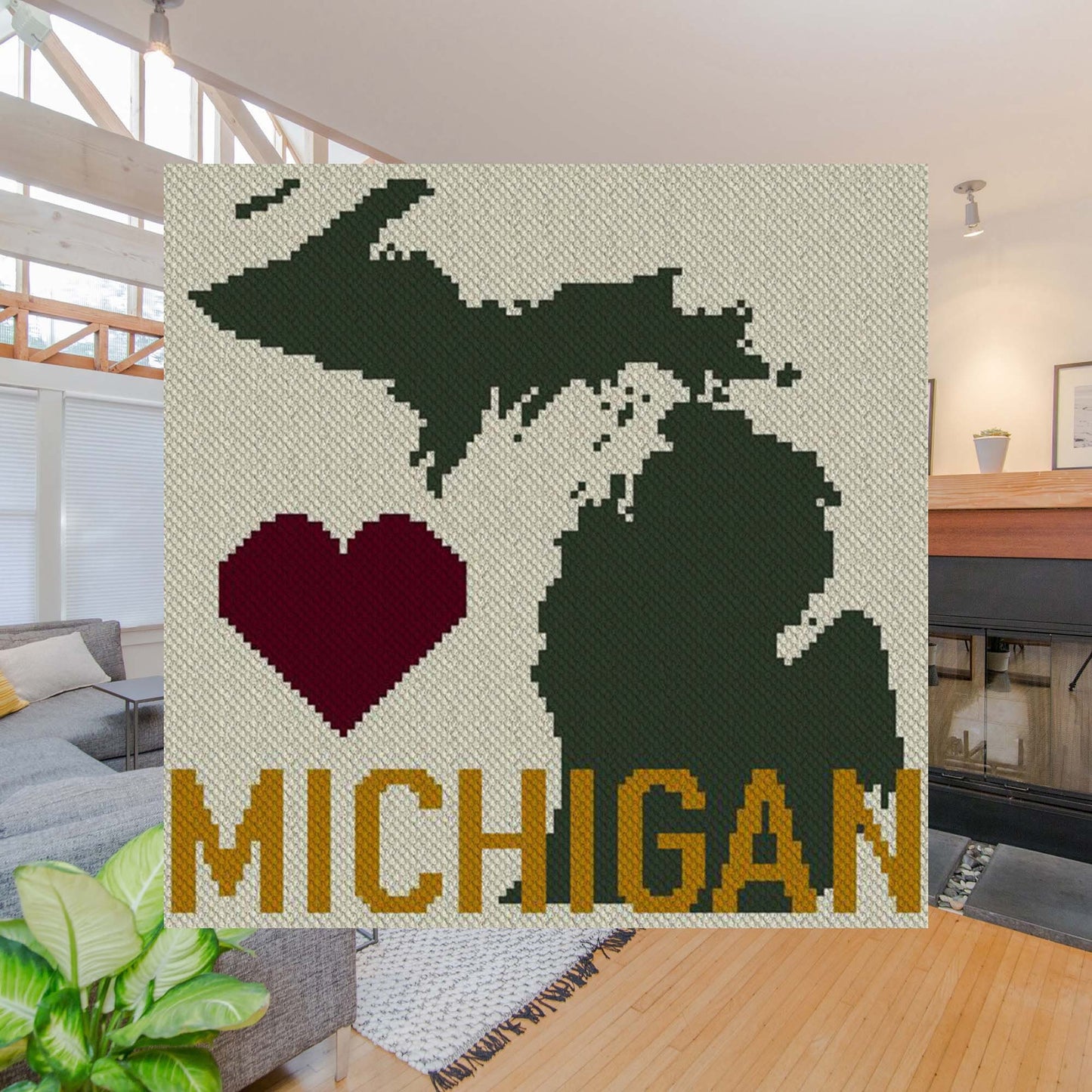 Pixel-art Michigan outline with a bold heart, plus graph for Graphghan/cross-stitch
