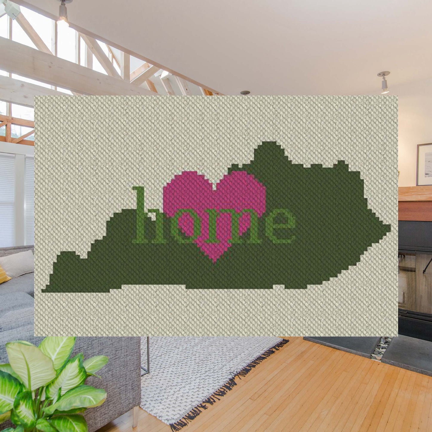 Pixel-art Kentucky outline in four contrasting yarn blocks