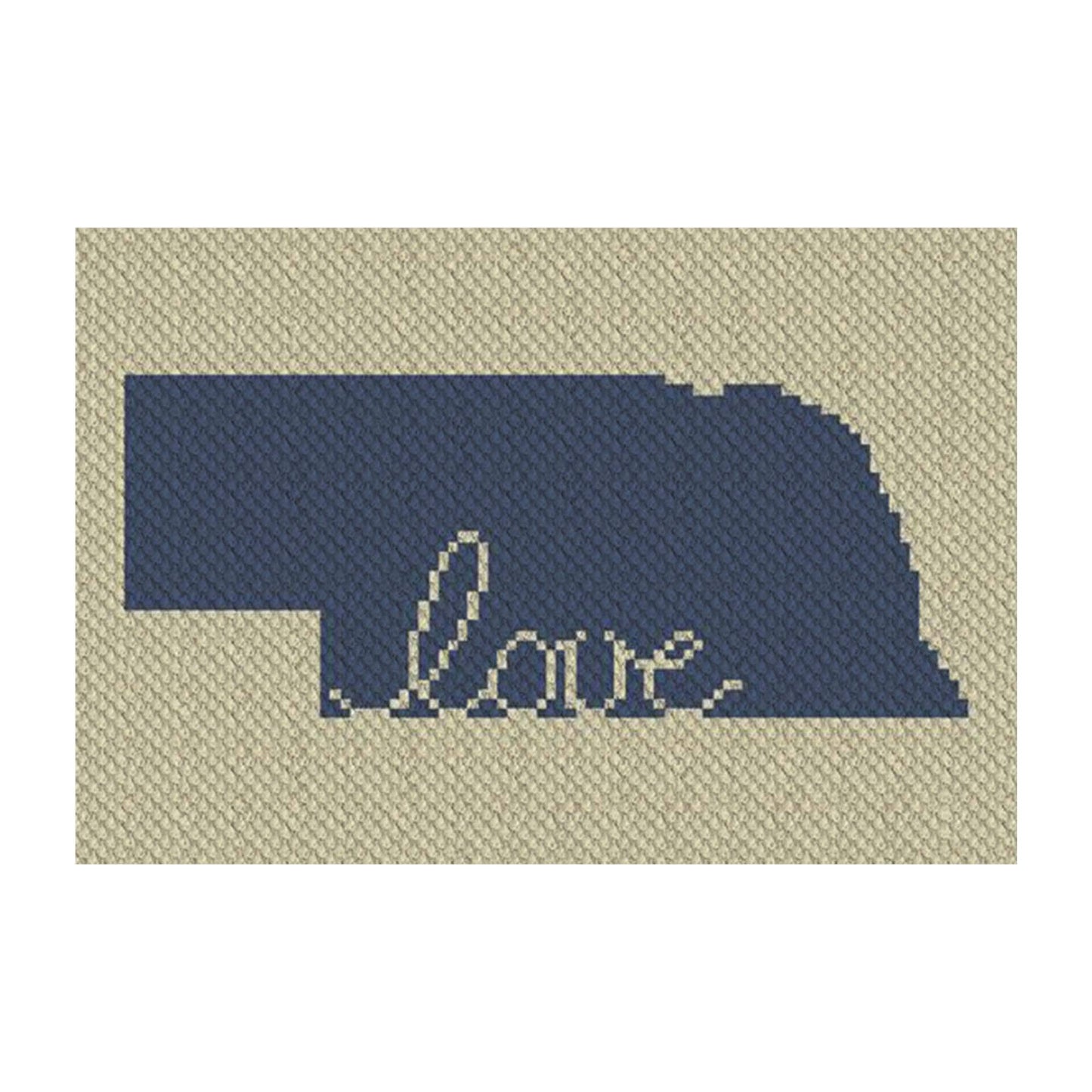 Pixel-art Nebraska outline with heart motif in two contrasting yarn blocks
