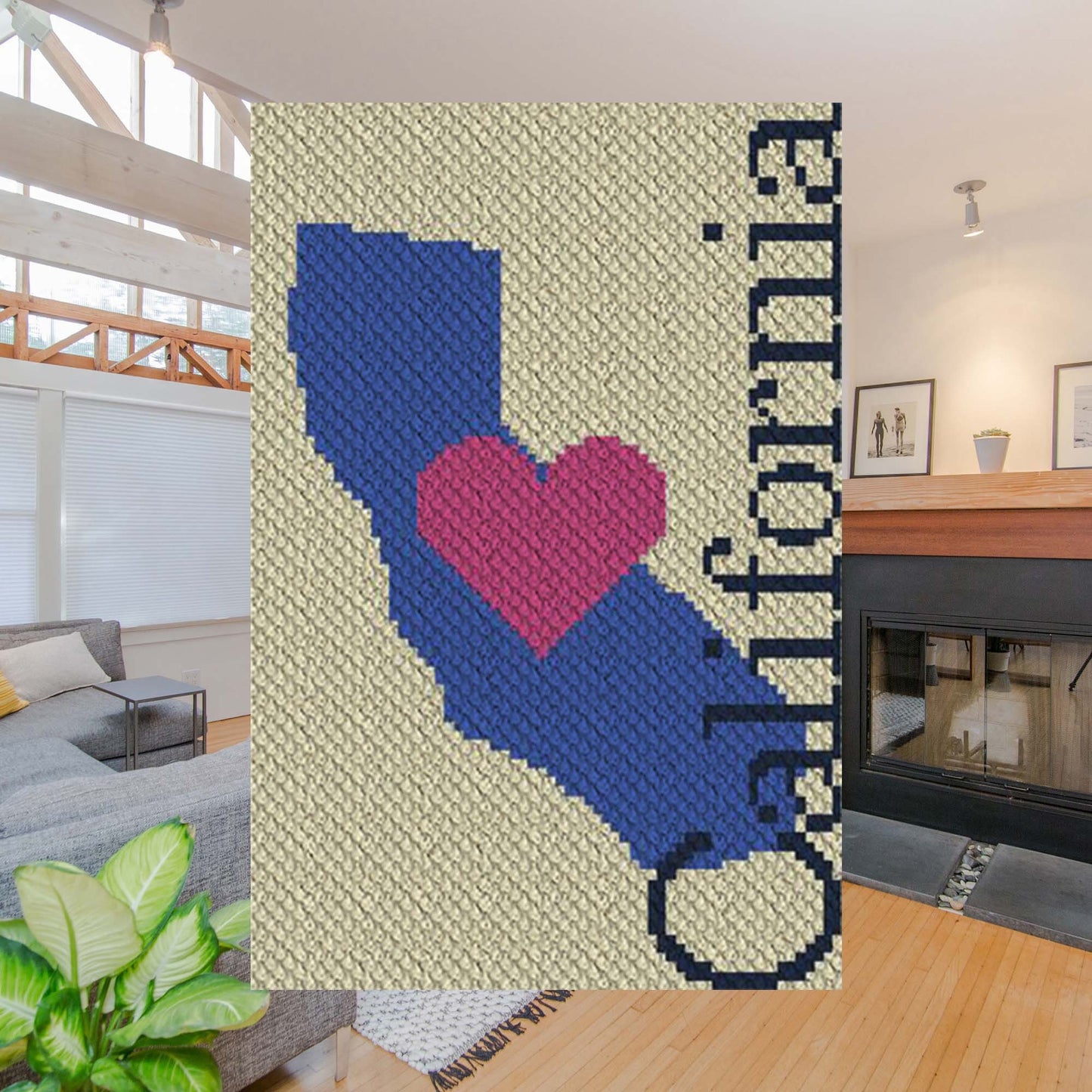 Pixel-art California outline with a centered heart in yarn blocks
