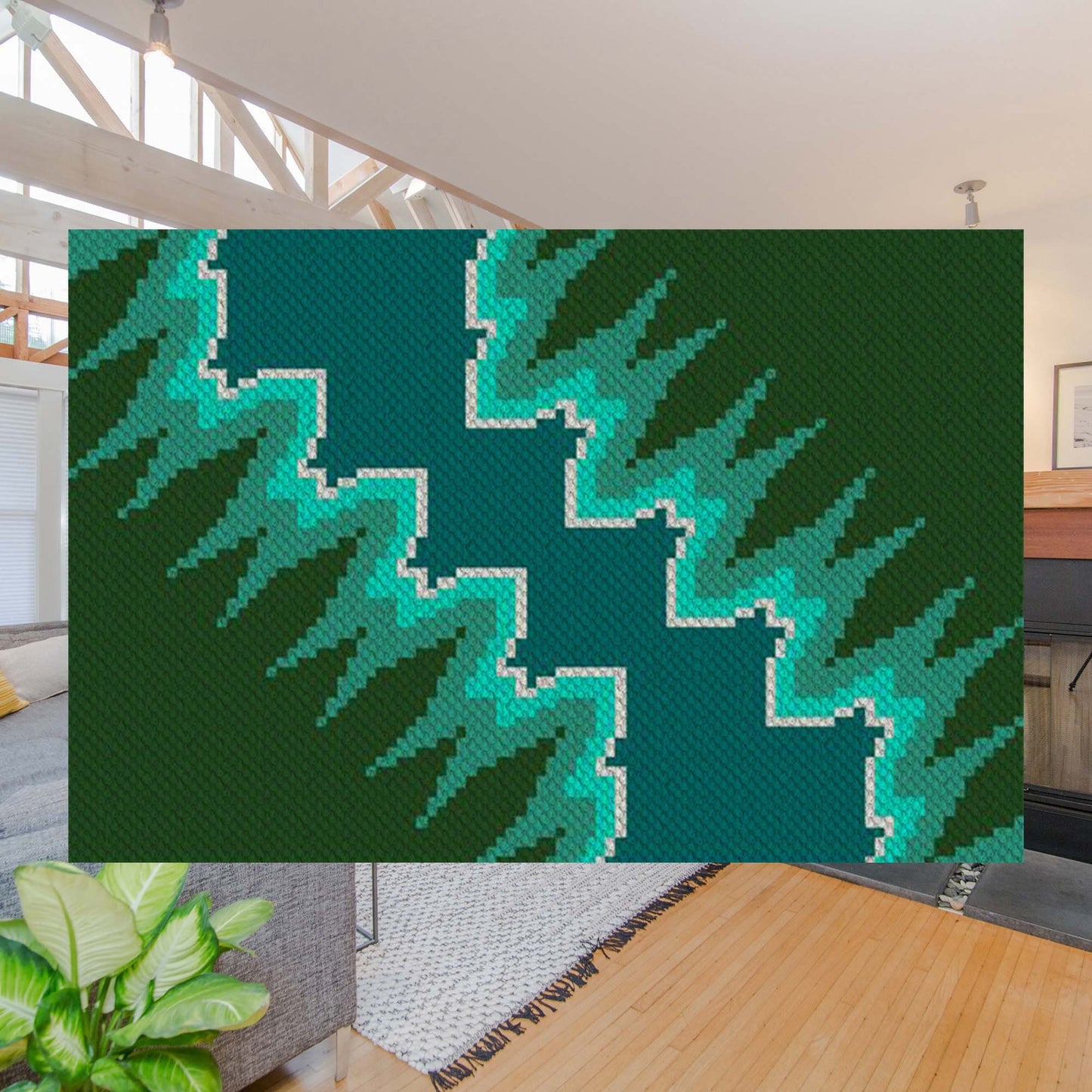 Pixelated forest scene in greens and blues with a winding path