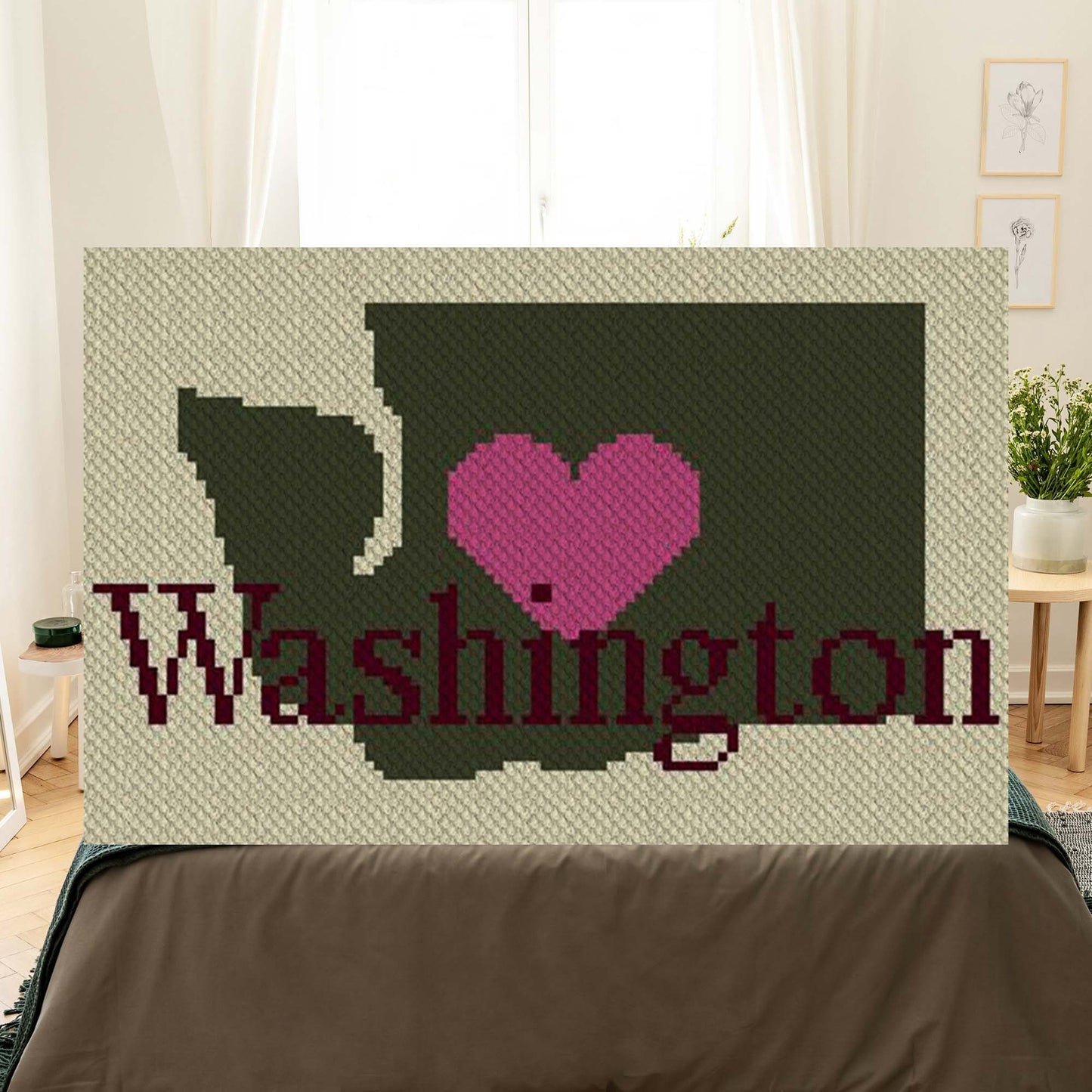 Washington outline with heart in contrasting yarn blocks