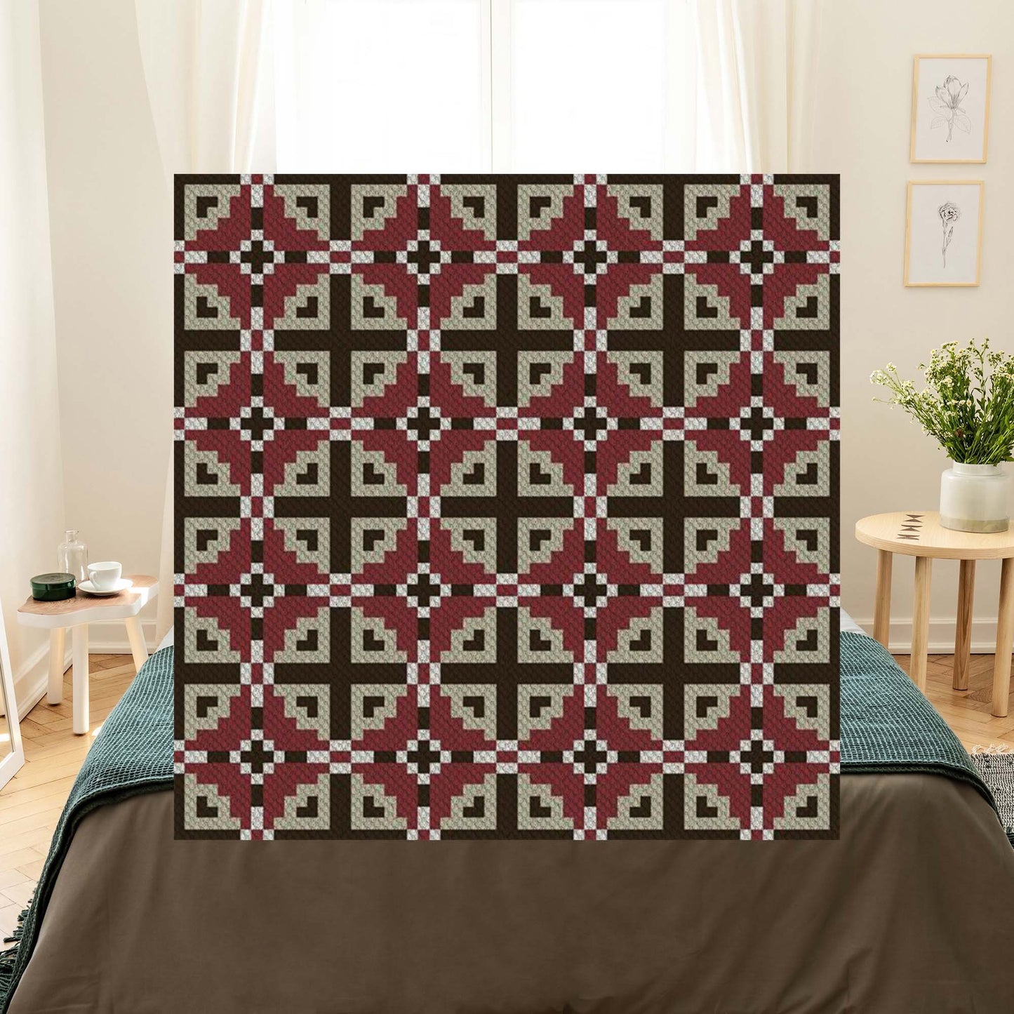 Stylized interlocking geometric blocks in shades of burgundy, taupe, brown, and cream forming a repeating lattice pattern