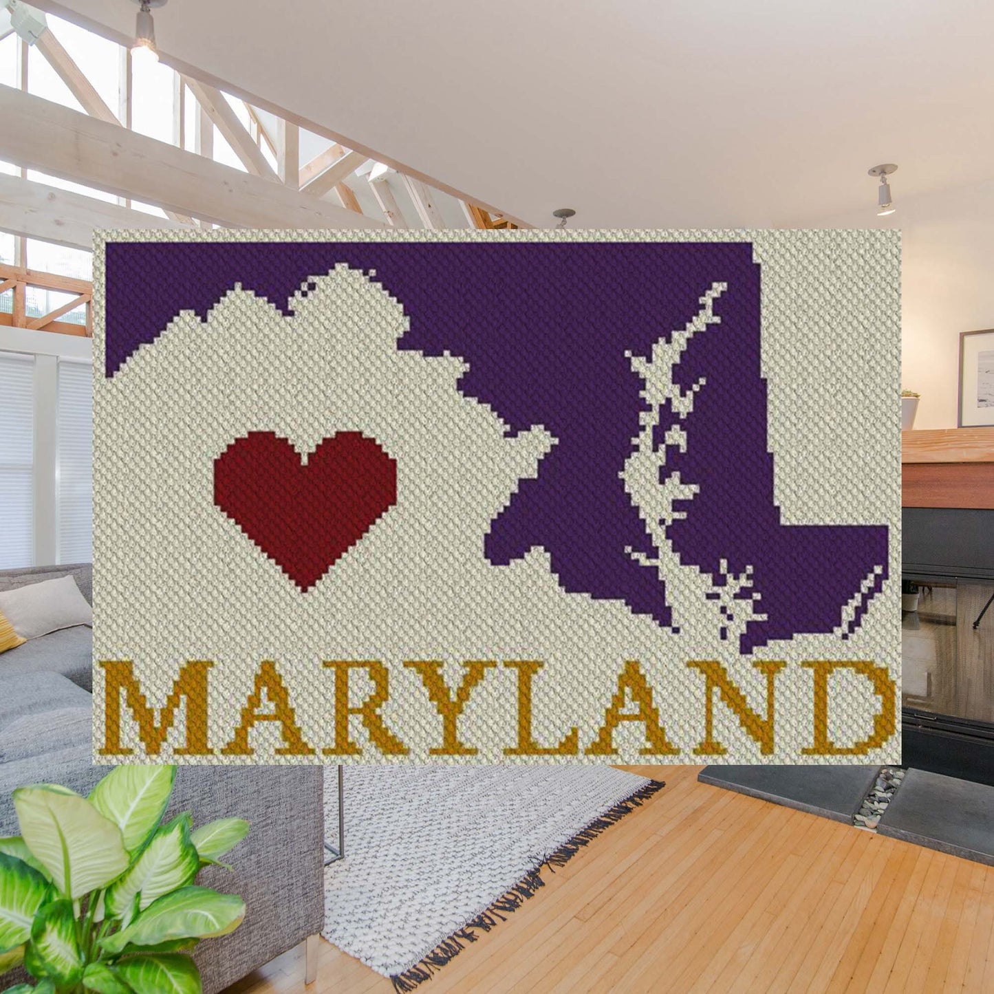 Pixel-art Maryland outline with a bold heart, plus optional graph for Graphghan/cross-stitch