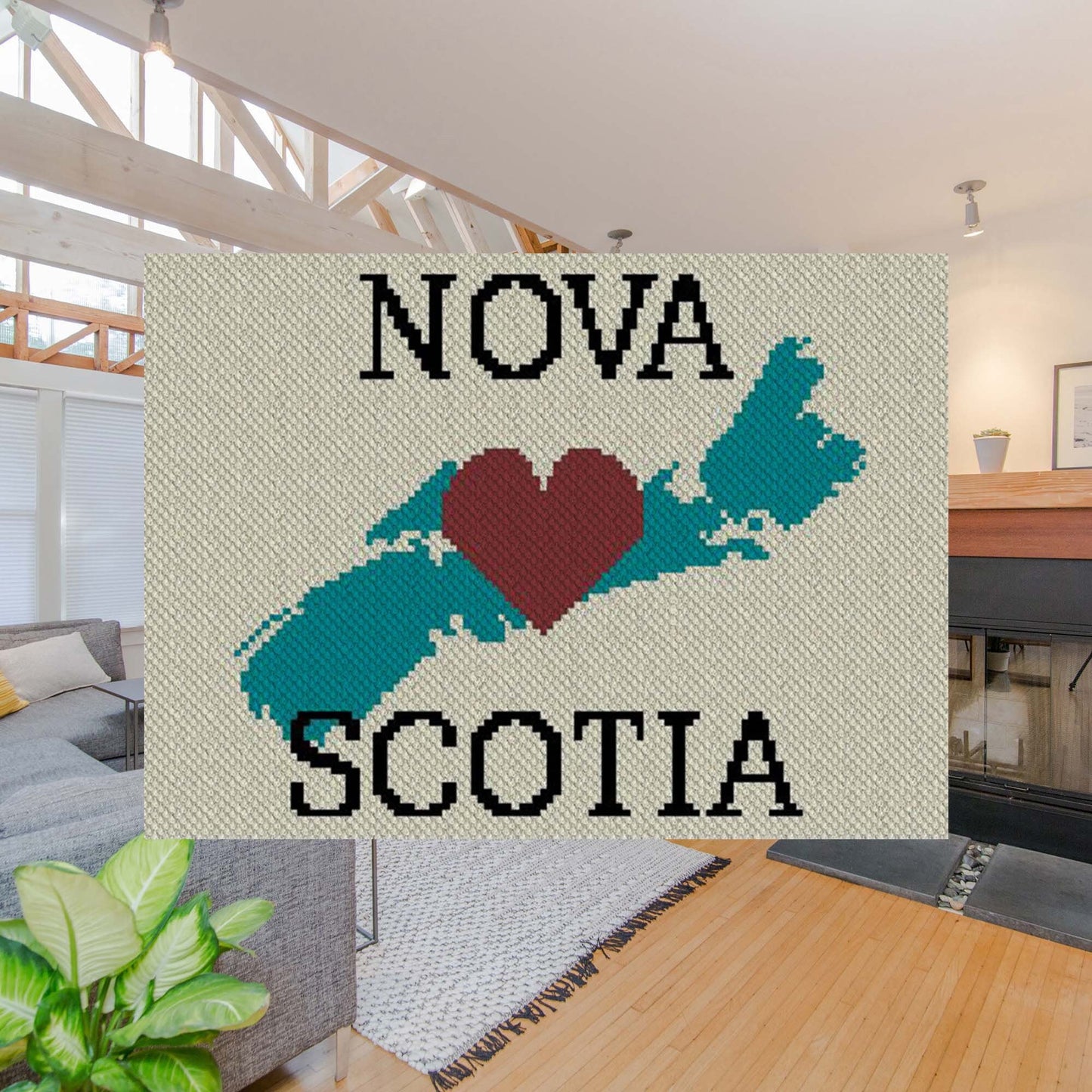 Pixel-art Nova Scotia outline with solid heart motif in a twin-wide layout