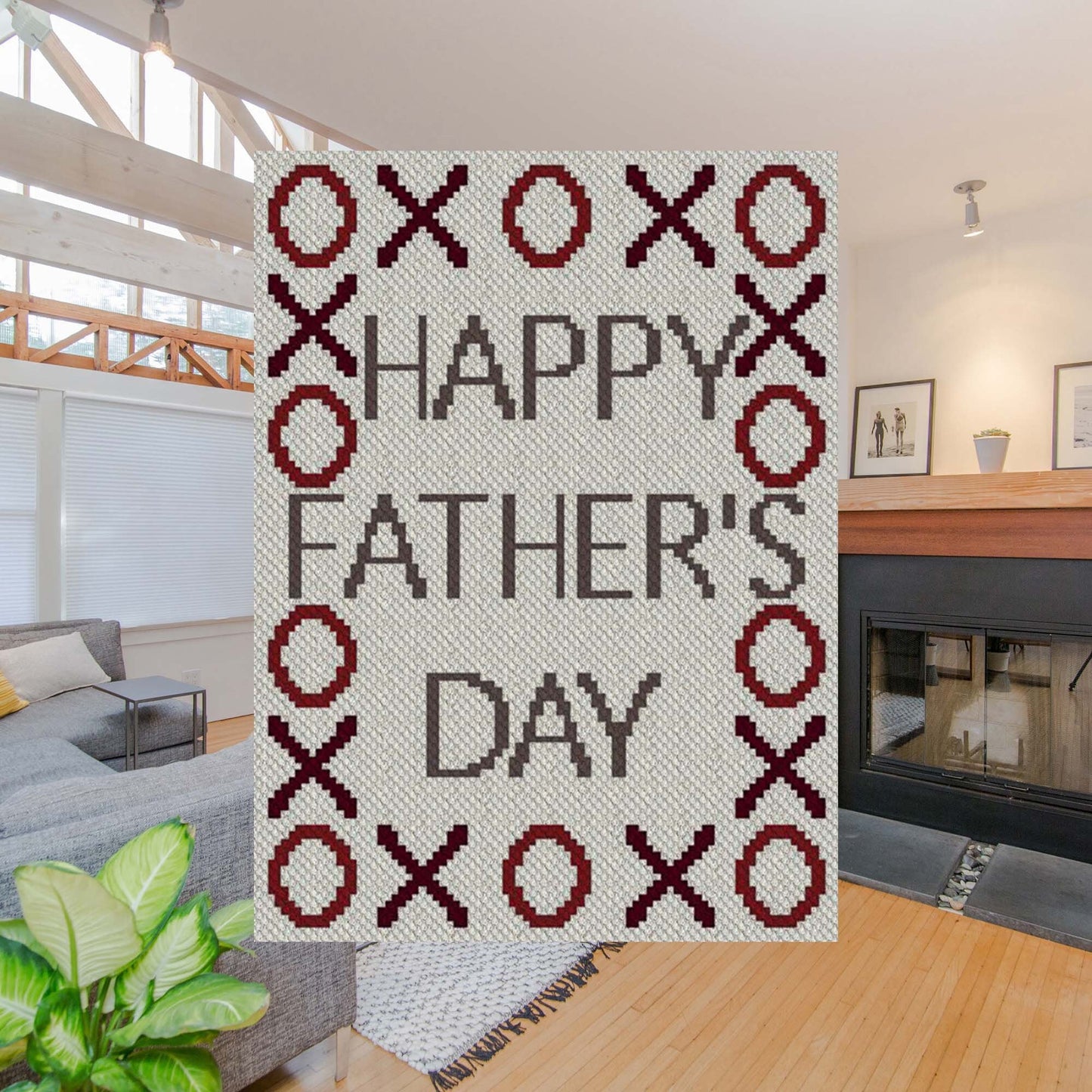Say "HAPPY FATHER'S DAY" with a Bright pixel-art XOXO border with"DAD" text in block letters, rendered in four coordinating yarn colors