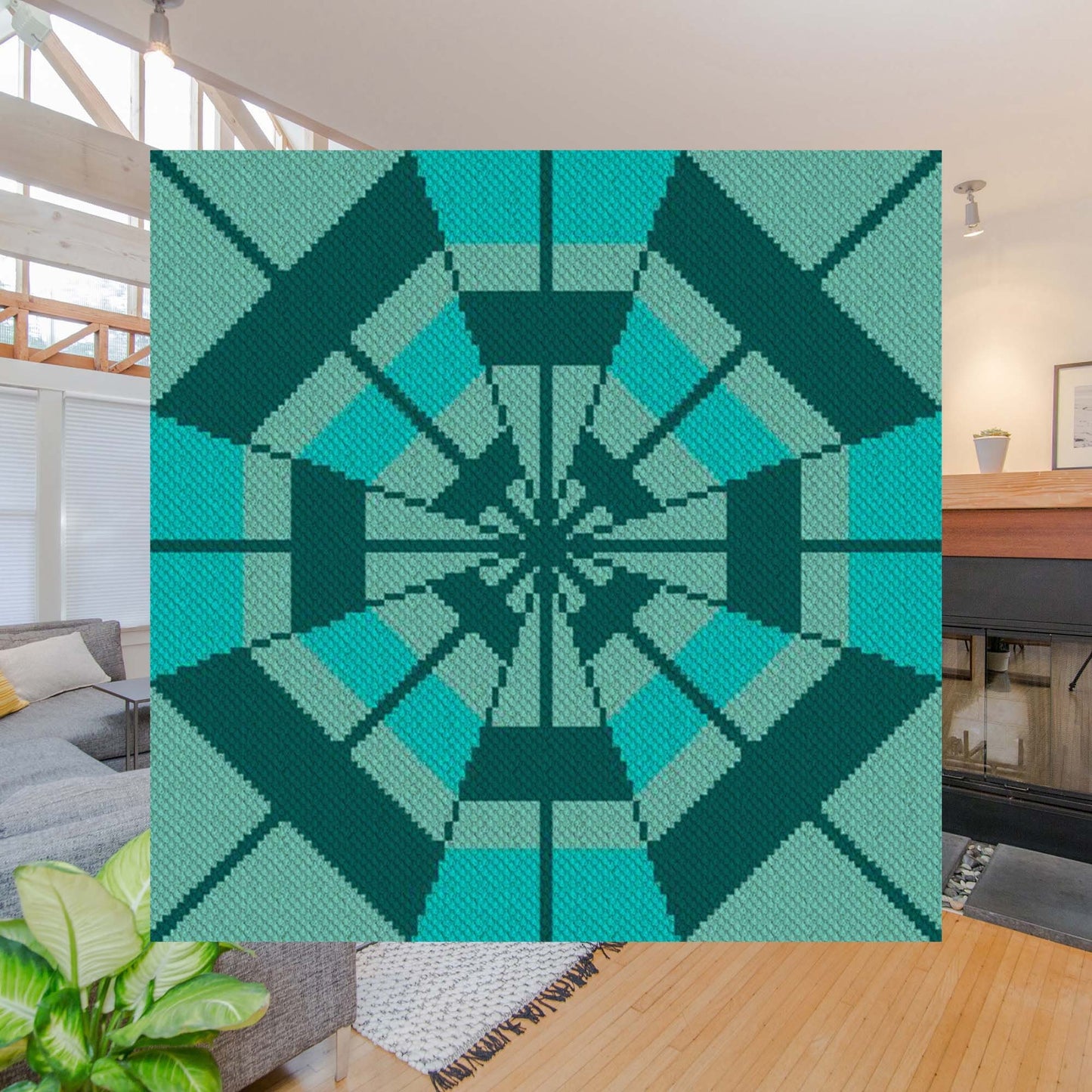 Radial geometric pattern in teal, aqua, and dark green rendered in C2C pixel blocks