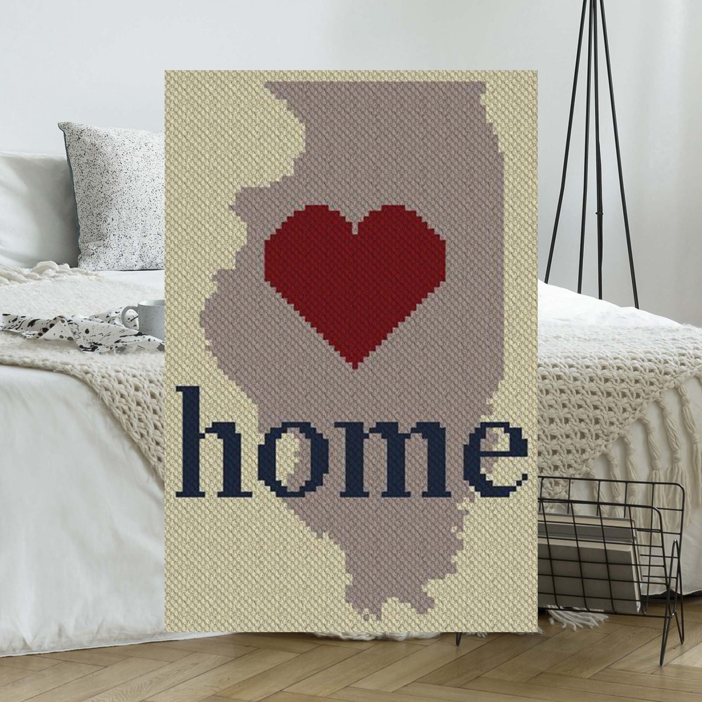 Illinois outline with HOME†in yarn blocks