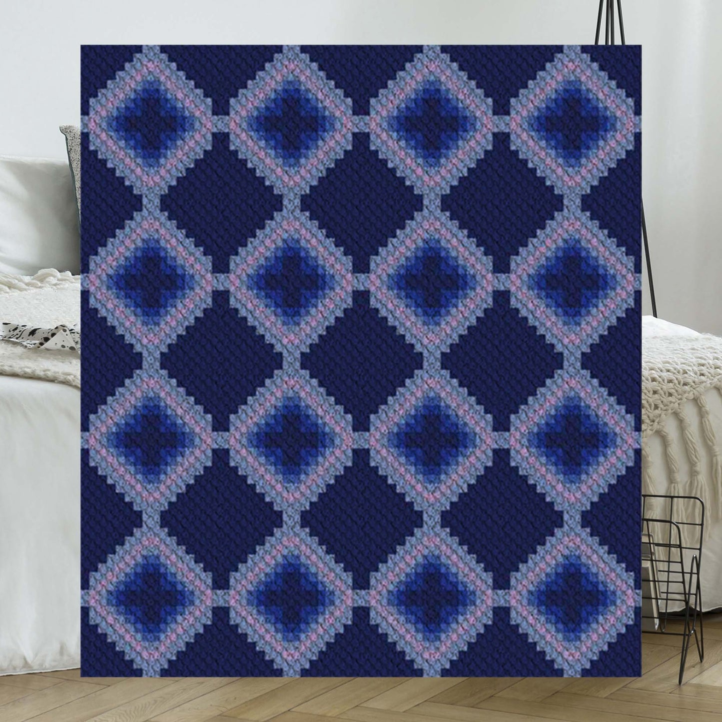 Ambiguous C2C crochet pattern with blue gradient quilt-style diamond blocks🧶PDF download