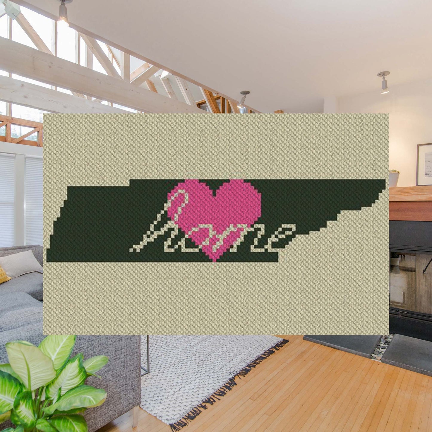 Pixel-art Tennessee state outline in three coordinating yarn colors