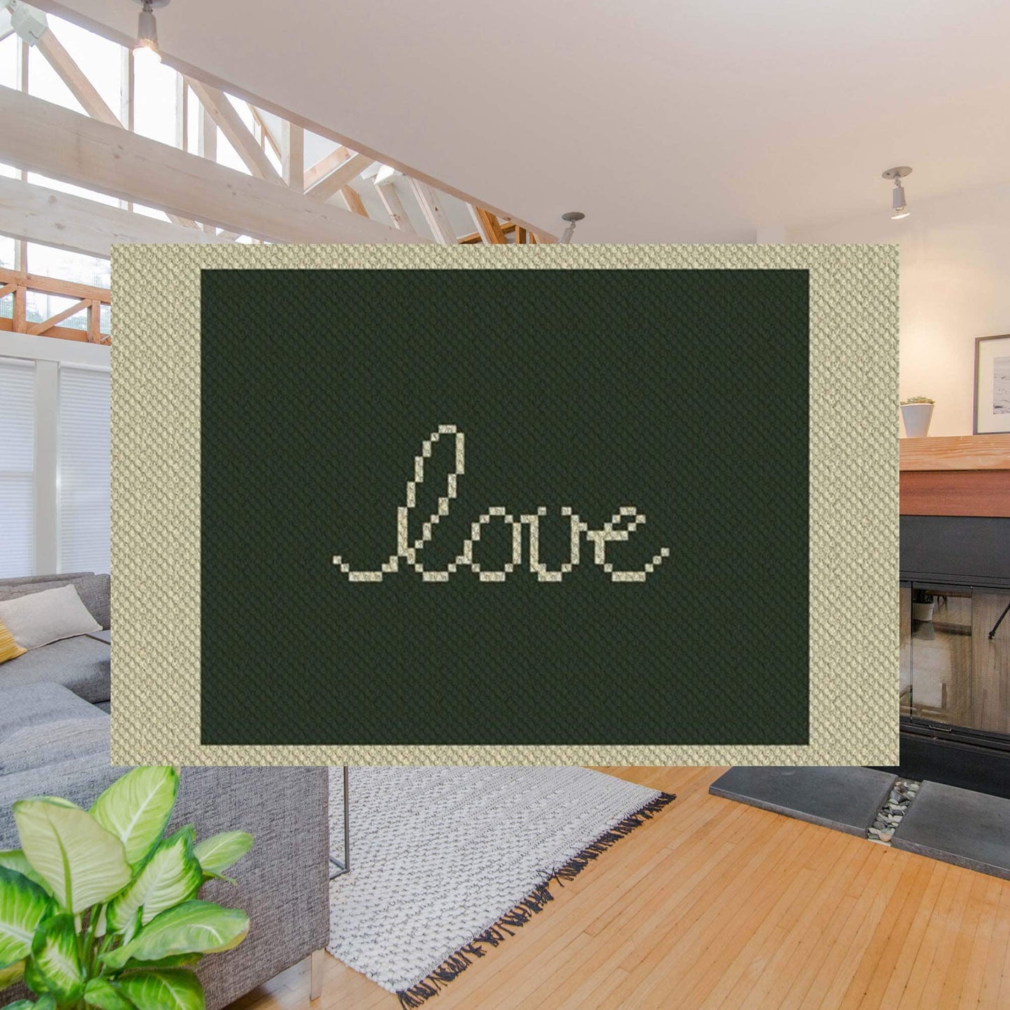 Pixel-art Wyoming state outline with a heart motif in two contrasting yarn blocks