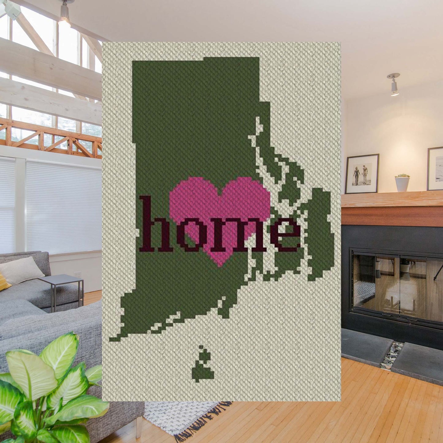 Pixel-art Rhode Island outline in four contrasting yarn blocks