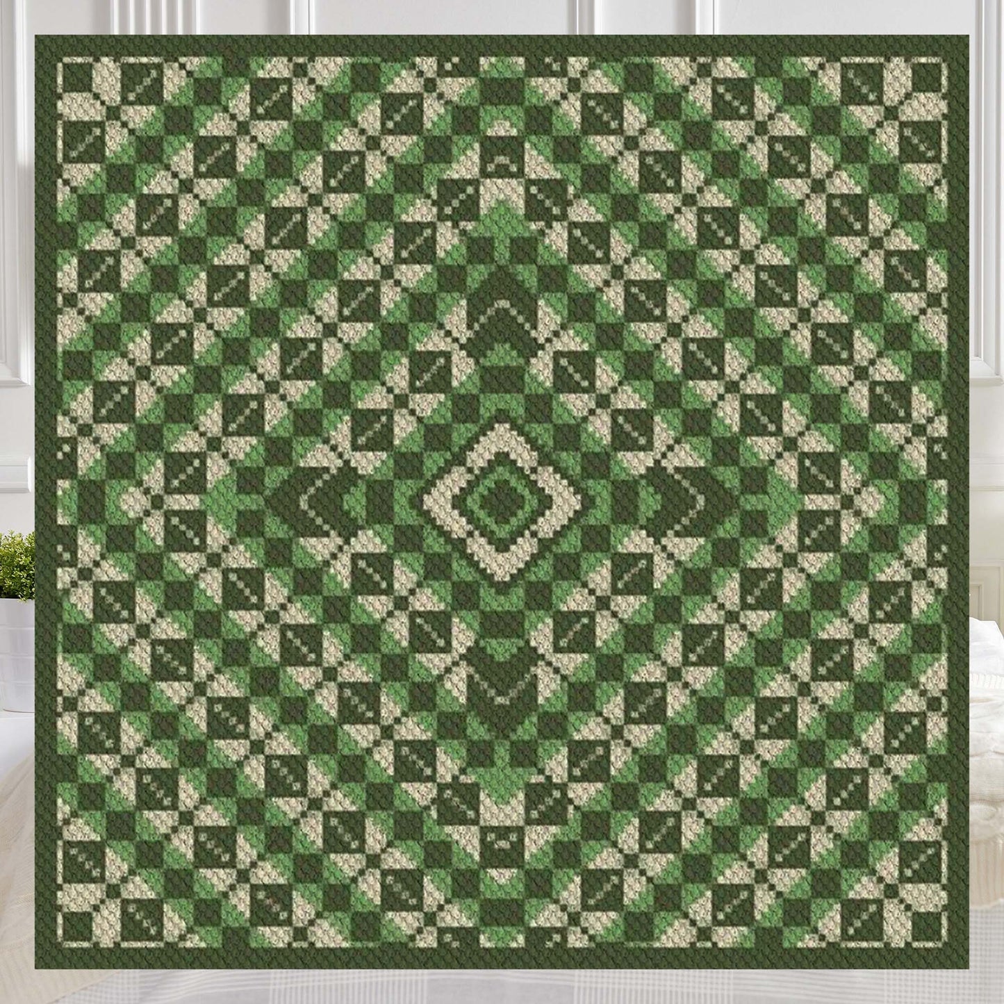 Large green-and-cream argyle diamond pattern rendered in corner-to-corner pixel blocks