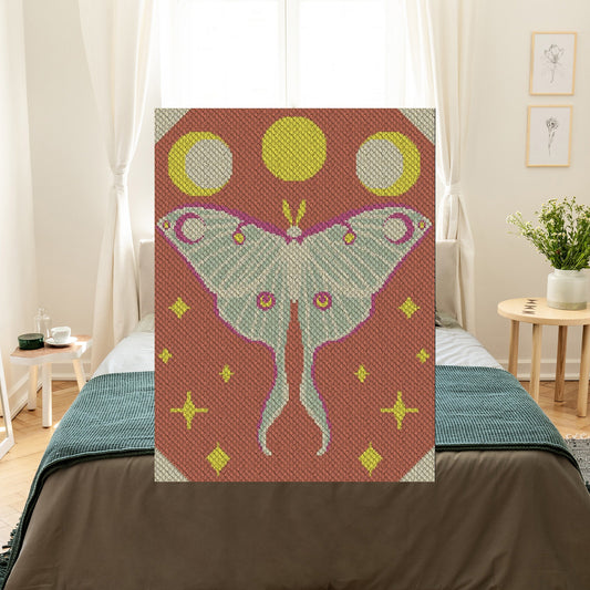Stylized Luna Moth with outstretched wings beneath three lunar phases, surrounded by star motifs in soft earth tones