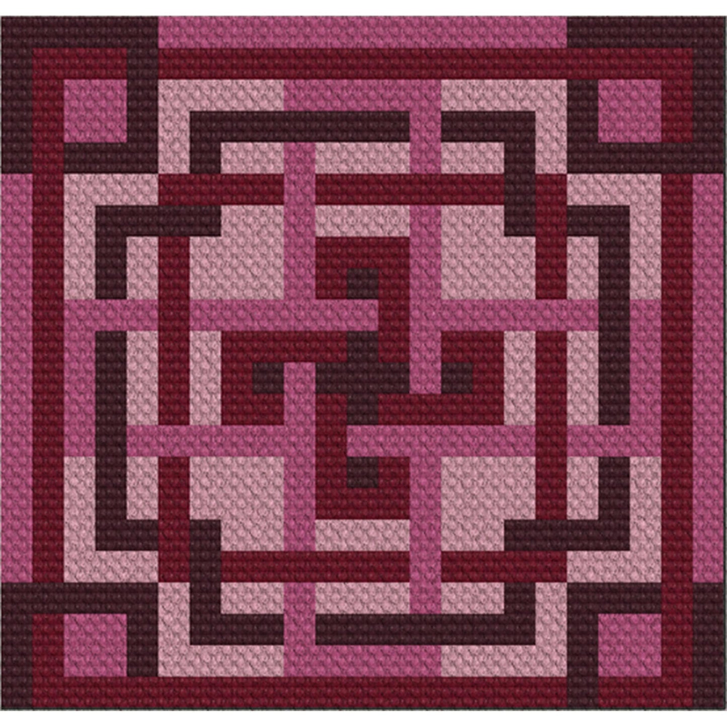 Interlaced maze of squares in pink and burgundy yarn blocks