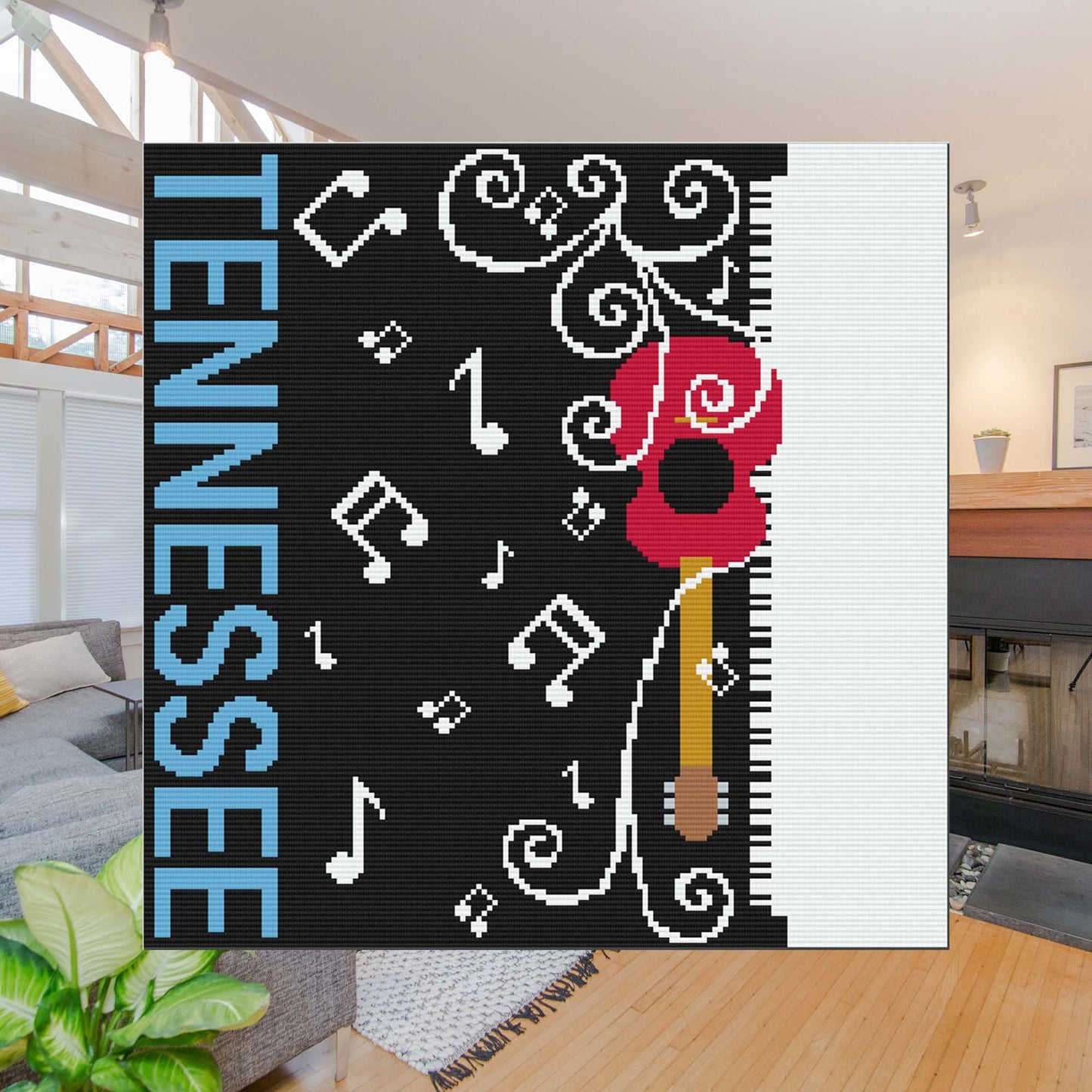 King-size tapestry with TENNESSEE†text, red guitar, flowing musical notes, and piano-key border rendered in C2C blocks