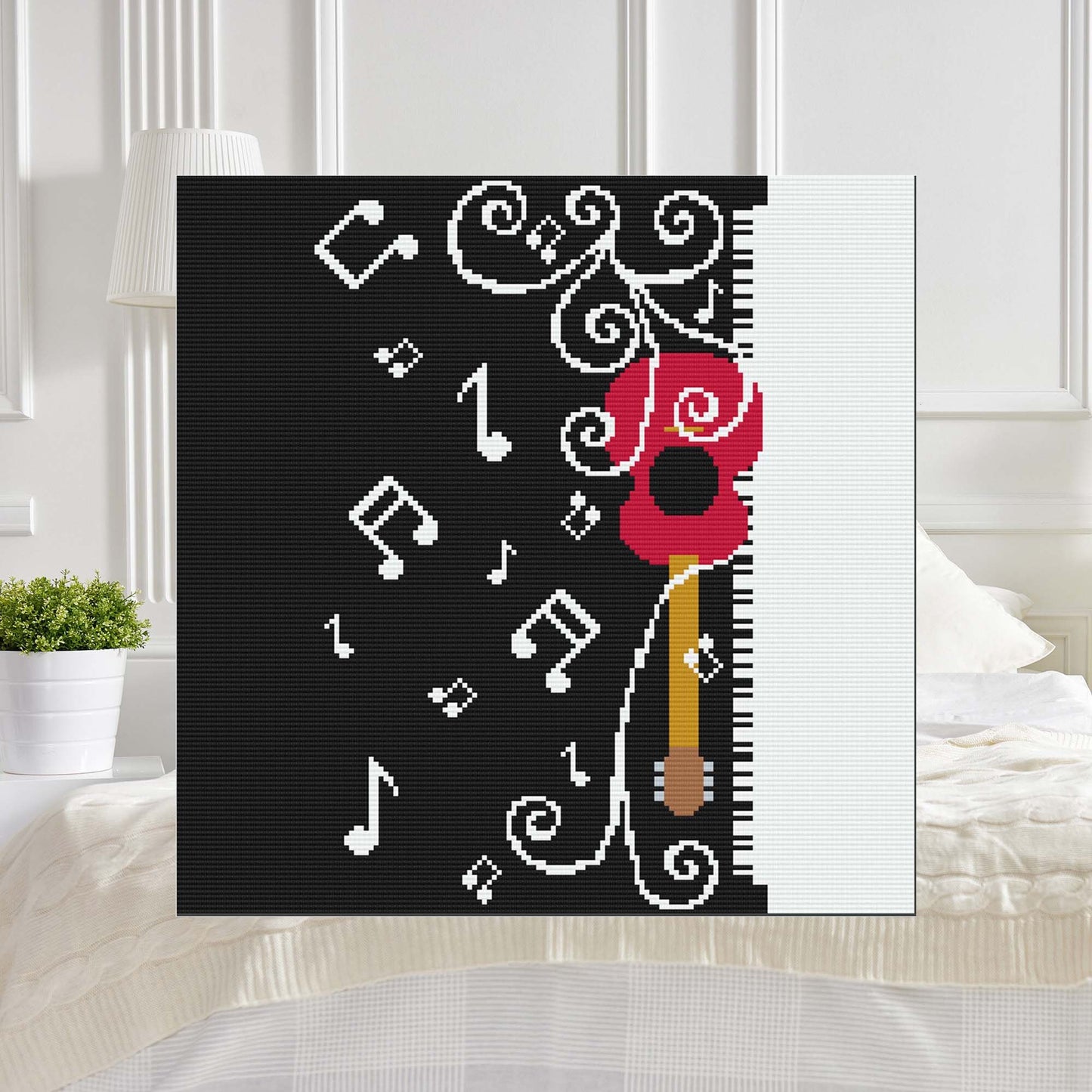 King-size musical tapestry with red guitar, flowing notes, and piano-key border charted for C2C & Graphghan techniques