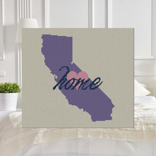 Pixel-art California silhouette with coast, mountains, and King†scale overlay in yarn blocks