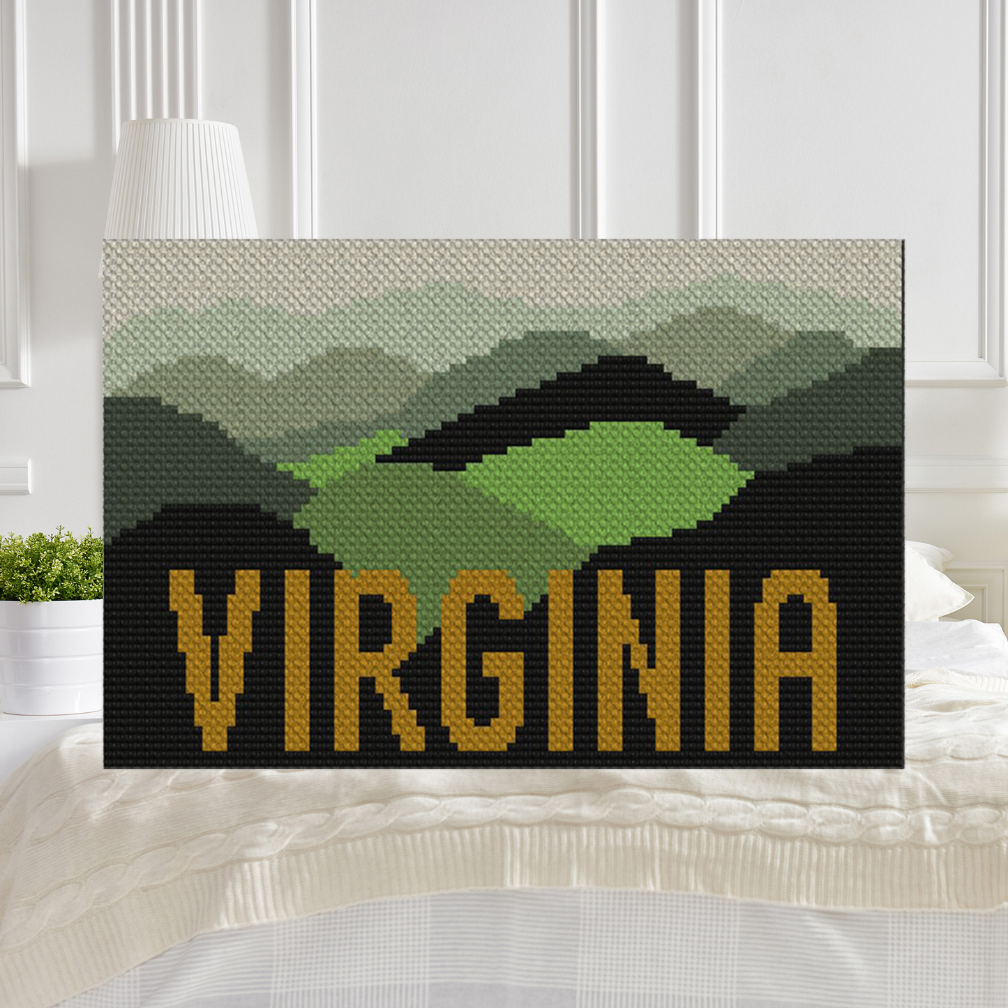 Stylized Blue Ridge Mountains silhouette in blues and greens with Ã¢â‚¬Å“VirginiaÃ¢â‚¬Â text in border, charted for C2C/Graphghan