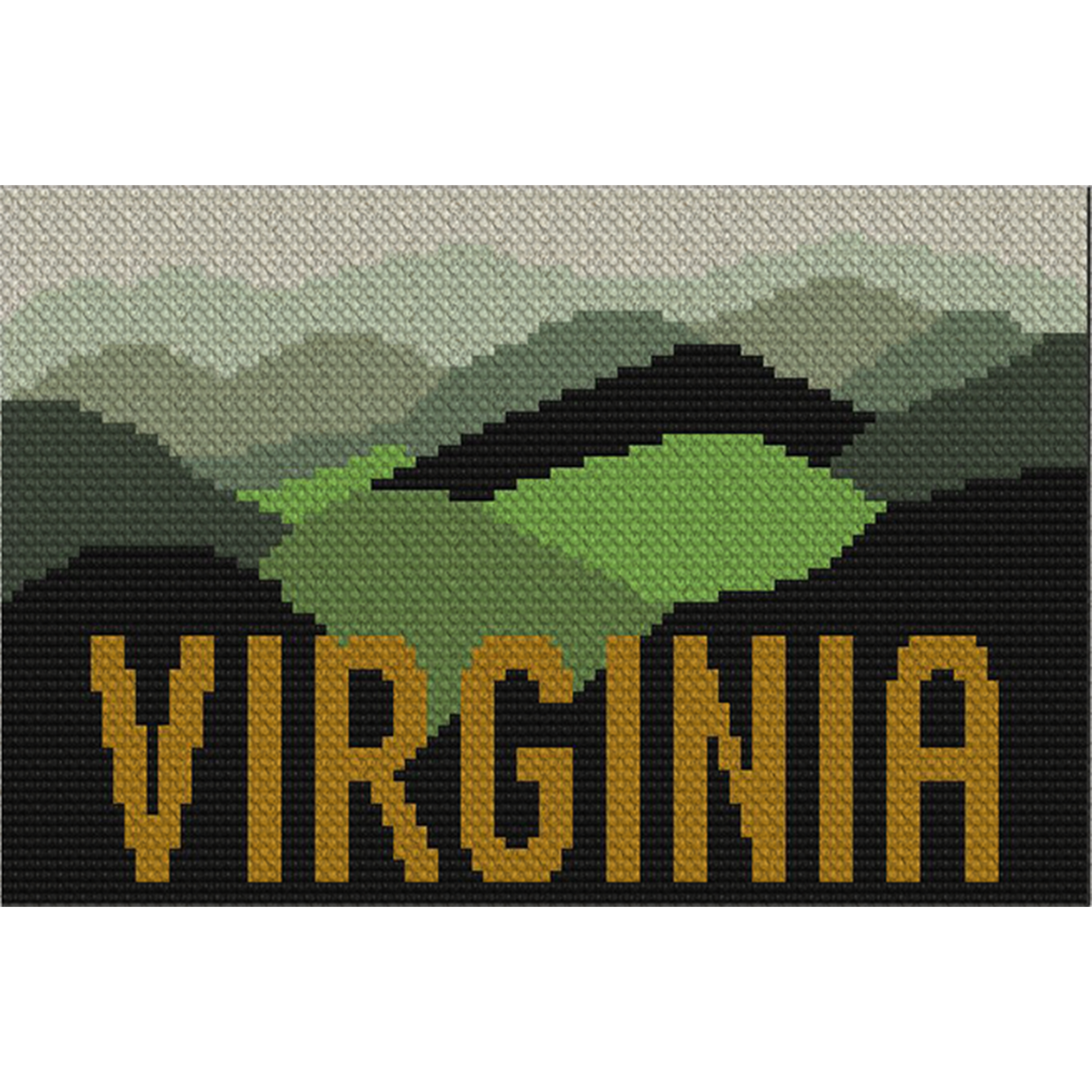 Stylized Blue Ridge Mountains silhouette in blues and greens with Ã¢â‚¬Å“VirginiaÃ¢â‚¬Â text in border, charted for C2C/Graphghan