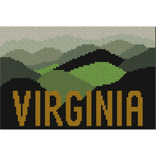 Stylized Blue Ridge Mountains silhouette in blues and greens with Ã¢â‚¬Å“VirginiaÃ¢â‚¬Â text in border, charted for C2C/Graphghan