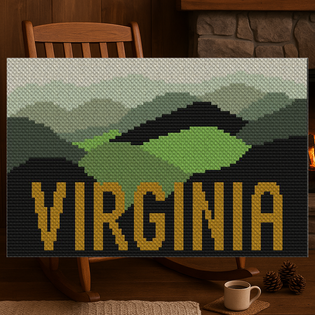 Stylized Blue Ridge Mountains silhouette in blues and greens with Ã¢â‚¬Å“VirginiaÃ¢â‚¬Â text in border, charted for C2C/Graphghan
