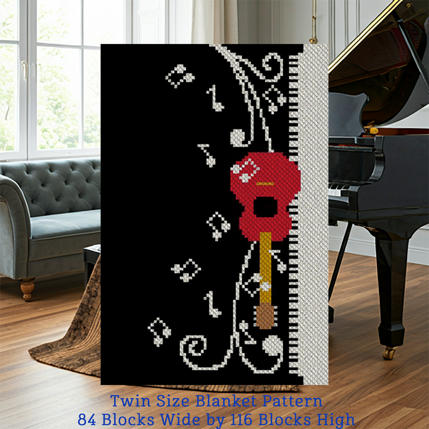 Red guitar silhouette with musical notes scroll and piano key border on a black background rendered in C2C blocks