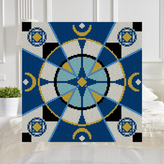 Bold radial geometric medallion in shades of blue, gold, black, and white charted for C2C and Graphghan techniques