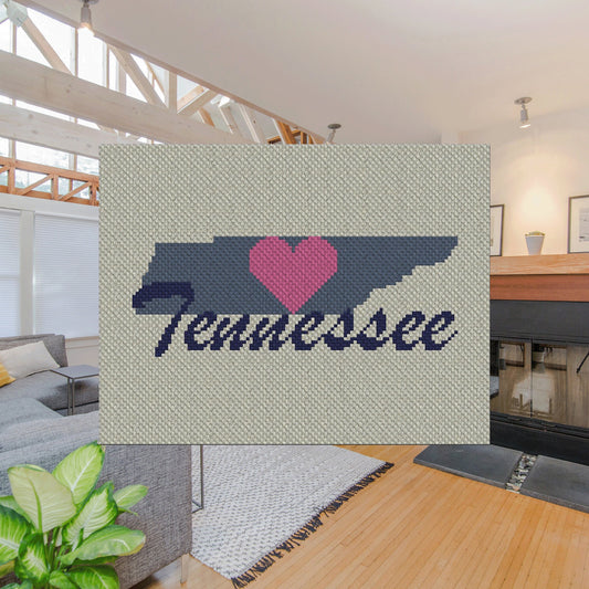 Pixel-art Tennessee outline filled with a bold heart in contrasting colors